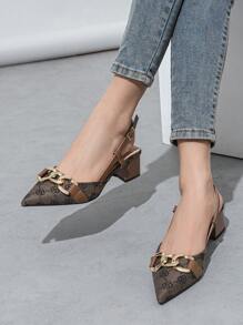 复古花朵设计链条装饰尖头闭趾踝带粗跟鞋，优雅舒适的闭趾高跟鞋，适合工作、派对、活动、秋冬季节穿着，咖啡棕色，优雅女士高跟鞋，优雅