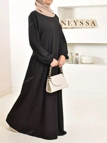 Vestido modesto con mangas de linterna y cinturilla anudada, vestido largo elegante de un solo color, ropa de mujer para el Ramadán