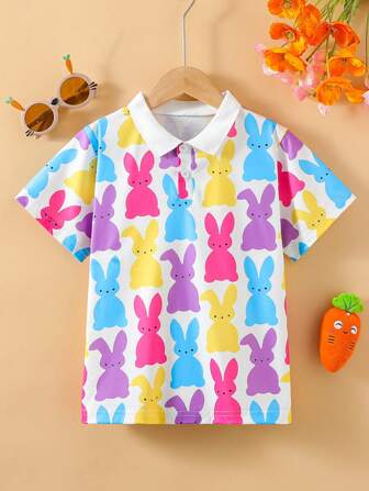 年轻男孩复活节彩色兔子短袖半开领 Polo 衫，休闲舒适夏季上衣，时尚可爱礼物