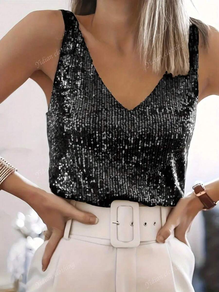Camiseta de tirantes con escote en V de lentejuelas, top de tirantes elegante para primavera y verano