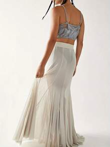 Women Sheer Mesh Long Maxi Skirts Cover Up See-Through Beach Flowy Long Tulle Skirt