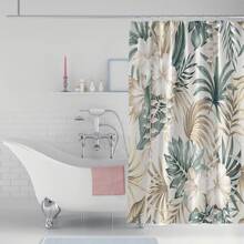 Floral And Plant Pattern Shower Curtain - Waterproof, Machine Washable, Includes Hooks - Suitable For All Seasons Home Bathroom Decor Fall Decor Bathroom Accessories Back To School - Golden Green Flowers - View 2