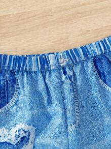 2-częściowy swobodny strój dziewczęcy - bezrękawnik z napisem, sercem i kokardą w połączeniu z dżinsowymi spodniami z nadrukiem w kształcie serca, dziewczęcy modny i wszechstronny strój na co dzień