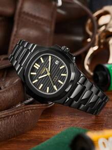 LONGLUX 1pc Men's Automatic Mechanical Watch With Calendar Display, Black Classic Steel Band