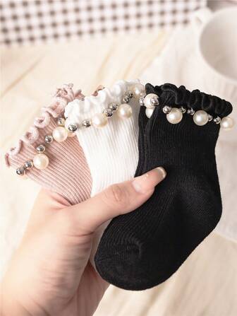 3 paires/lot Chaussettes pour bébés filles en automne et hiver, grandes boucles, mi-mollet, courtes, douces et mignonnes. Chaussettes de Noël rouges pour nouveau-nés de 0 à 3 ans, blanc, rose clair, rose foncé