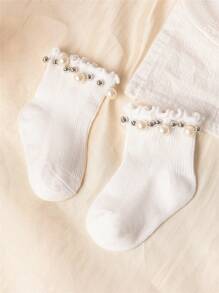 3双/套 女婴手工珍珠袜 春秋季公主风儿童可爱袜子 幼儿儿童柔软蕾丝短筒踝袜 地板袜 适合0-8岁 白色 粉色 深粉色