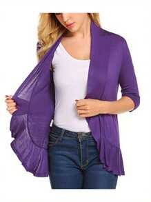 Women Spring Autumn Cardigan Tops, 3/4 Sleeve Casual Solid Color Ruffled Hem Thin Tops Coat - Purple - View 2
