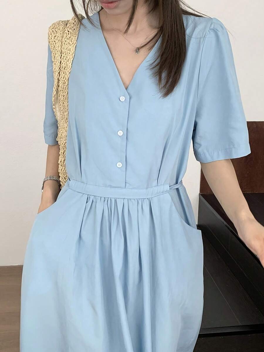 Women's Solid Color V-Neck Button Half-Placket Short Puff Sleeve Pockets Casual Dress - Blue - View 1