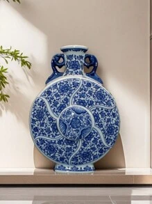 1 pieza Jarrón de cerámica de Jingdezhen hecho a mano, jarrón de luna de doble oreja con patrón de flores y pájaros azul y blanco, decoración tradicional china para el hogar, jarrón vintage, regalo para fiestas, cumpleaños, graduación, decoración de habitación, jarrón para flores