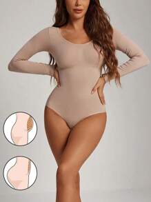 Woman Long Sleeve Shapewear Bodysuits Tops Sports Black Base Layer Top For Women Tummy Control Panties Scoop Neck Ribbed Body Suit Tummy Control Shapewear Body Shaping Stretchy Chest Support Compression Underwear Basic T Shirt Tops Seamless Women Shapewear Slips Sets Bottoms Control Panties Shaper Briefs - Apricot - View 2