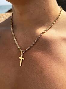 1 mặt dây chuyền thánh giá trơn bằng thép không gỉ có dây xích, dây chuyền thánh giá đơn giản dành cho nam và nữ thời trang - Vàng - Xem 7