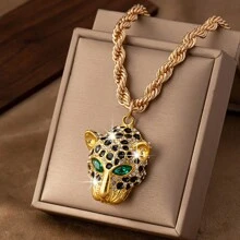 1 chiếc vòng cổ Hip Hop thời trang, mặt dây chuyền đầu báo bằng đá Diamante mạ điện 14k phong cách tiệc đường phố - Vàng - Xem 1