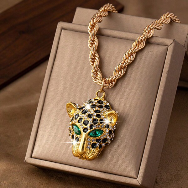 1pc Hip Hop Necklace, Street Party Rock 14k Electroplated Diamante Leopard Head Pendant Chain