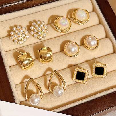 6 件/套简约小复古仿珍珠花簇方形和圆形几何耳环套装，适合女性日常和节日佩戴情人节、妈妈、母亲、母亲节、礼物