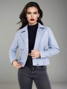 Women's Solid Color Long-Sleeved PU Leather Jacket With Pocket Zipper, Girly Feel - Denim Blue - View 4