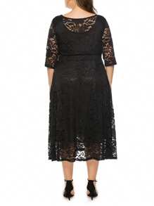 Women's Floral Lace Midi Dress Pockets Half Sleeve Scoop Neck Plus Size Beach Party Evening Flowy Dress - Black - View 6
