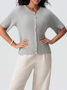 Women's Knit Cardigan Half Sleeve Round Neck Solid Color Button Up Knitwear - 灰色 - 查看 4