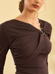Women Solid Color Asymmetrical Neckline Knitted Tight-Fitting T-Shirt Top For Spring Layer - Coffee Brown - View 6