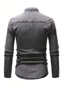 Men's Spring Autumn Casual Shirts Solid Color Long Sleeve Lapel Denim Tops Button Shirts For Party - 淺灰色 - 查看 3