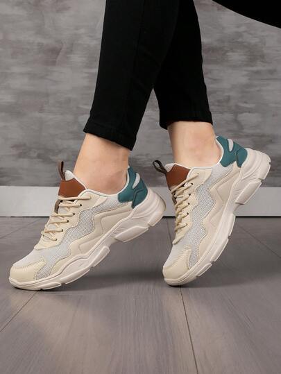 Women's Casual Sneakers, Lightweight Breathable Mesh Patchwork Lace-Up Outdoor Shoes, Versatile Platform Wedge Trainers, Athleisure Sneakers, Leather Patchwork Casual Shoes, Comfortable Campus Student Shoes, Beige Brown Round Toe Flat Chunky Sneakers, Outdoor Streetwear Party Athleisure Sneakers, Lightweight Breathable Casual Sneakers, Simple Fashion Office Work Shoes