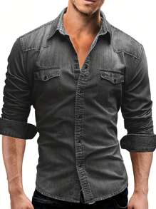 Men's Spring Autumn Casual Shirts Solid Color Long Sleeve Lapel Denim Tops Button Shirts For Party - 淺灰色 - 查看 1