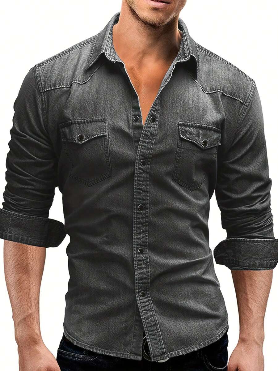Men's Spring Autumn Casual Shirts Solid Color Long Sleeve Lapel Denim Tops Button Shirts For Party - 淺灰色 - 查看 1