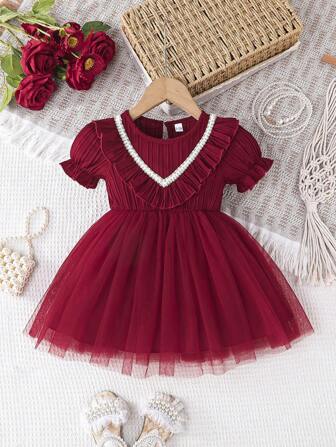 Süßes Kleid für Kleinkind Mädchen mit Blumen-Spitze, Puffärmeln und Mesh in Rot, elegantes Sommeroutfit