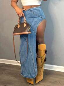 Women Plus Size Elastic Bodycon Sexy Patchwork Side High Split Denim Skirt - Light Wash - View 4