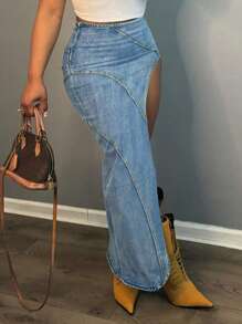 Women Plus Size Elastic Bodycon Sexy Patchwork Side High Split Denim Skirt - Light Wash - View 5