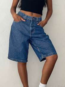 Women's Knee Length Denim Shorts Loose Solid Color Low Rise Wide Leg Long Shorts With Pockets For Summer - Dark Wash - View 5
