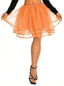 Women Mesh Skirt With Elastic Wide Waist, Solid Color Multi-Layer Structure Summer Clothing - Orange - View 4