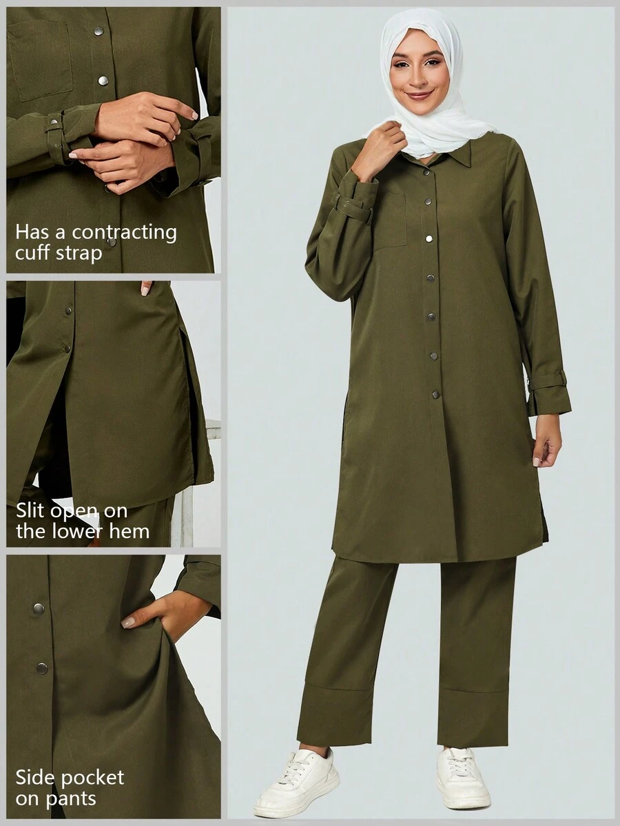 cimmuovere 女士纯色单排扣长袖衬衫和裤子休闲护理手术服套装 - 軍綠色 - 查看 1