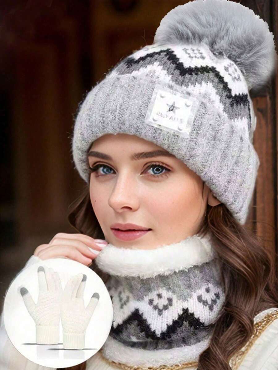 Set de 3 piezas de estilo coreano casual para mujer: gorro, bufanda, guantes, gorro de punto, adecuado para uso diario en otoño/invierno