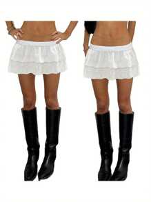 Womens White Short Skirts Cute Hollow Eyelet Embroidery Ladies Mini Elastic Waist Ruffle Low Rise Skirts - White - View 10