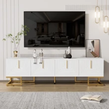 Meuble TV lowboard avec portes structurées, tiroirs, poignées et pieds dorés - élégant et pratique - Blanc - Voir 1