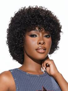Curly Wigs With Bangs Afro Kinky Curly Big Bouncy Short Human Hair Wig Natural Black Color