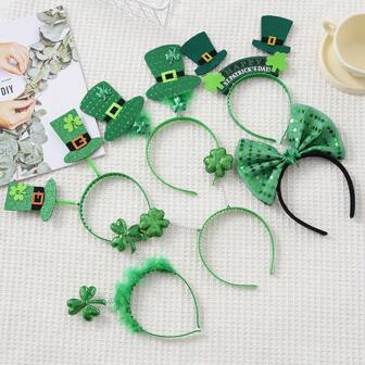 6pcs St. Patrick's Day Headbands - Irish Green Flower, Bow, Clover, Feather Decorated Hair Accessories, Costume Party Supplies