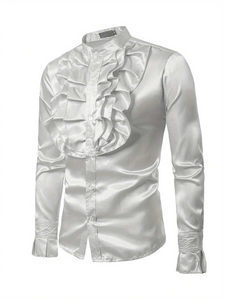 Men's Dress Shirt Button Down Casual Long Sleeve Shirt Prom Wedding Regular Fit Button Up Shirt, Men Satin Ruffle Shirts Long Sleeve Stand Collar Solid Color Slim Fit Dress Shirt - 白色 - 查看 1
