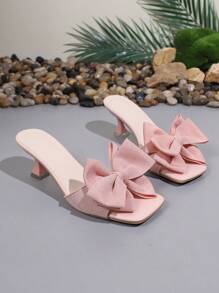 صندل نسائي عالي الكعب مزين بفيونكة ، قلنسوة مربعة بتصميم بسيط ، كعب رفيع وسير - وردي - مشاهدة 7