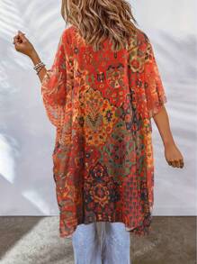 Plus Size Allover Floral Print Cover Up Women Open Front Kimono Vocation Beach Outfits Summer