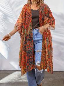 Plus Size Allover Floral Print Cover Up Women Open Front Kimono Vocation Beach Outfits Summer