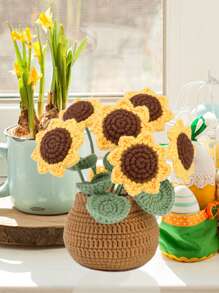 1 Conjunto Kit de Crochê Adequado para Iniciantes, Buquê Floral de Crochê Feito à Mão, Materiais para Plantas em Vaso de Tulipa e Girassol, Inclui Acessórios Básicos e Tutoriais