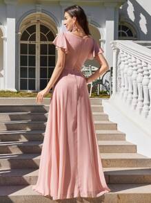 UNITHORSE Váy xòe tay bèo nhún cổ chữ V thanh lịch, váy phù dâu, phù hợp cho tiệc cưới, tiệc cưới - Hồng - Xem 3