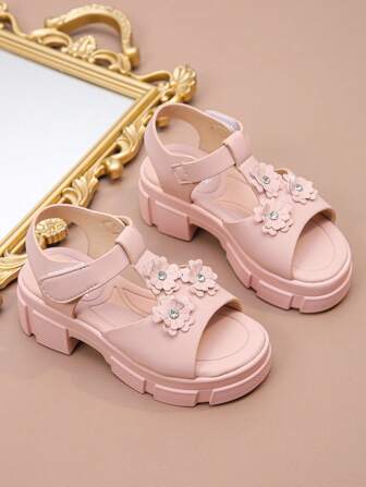 2025 Girls Pink Flower Decor High Heel Princess Sandals, Fashionable Soft Bottom Open Toe Fashion Shoe For Big Kids