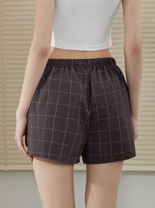 Womens Plaid Print Shorts Elastic Low Waist Button Front Lounge Shorts Boxers Streetwear - nâu nhạt - Xem 6