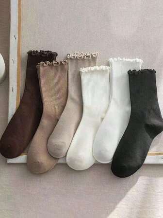 6 双厚针织袜，带蕾丝边，多色，柔软舒适，适合日常穿着，秋冬季