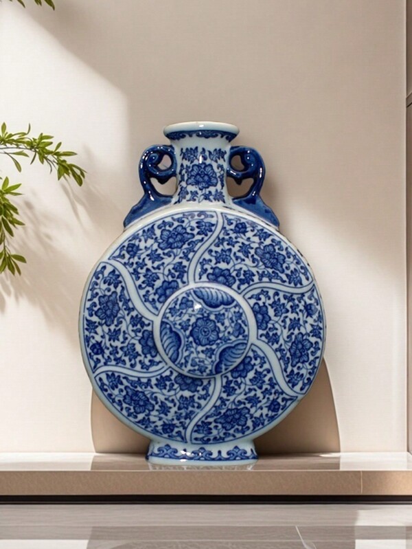 1 pieza Jarrón de cerámica de Jingdezhen hecho a mano, jarrón de luna de doble oreja con patrón de flores y pájaros azul y blanco, decoración tradicional china para el hogar, jarrón vintage, regalo para fiestas, cumpleaños, graduación, decoración de habitación, jarrón para flores