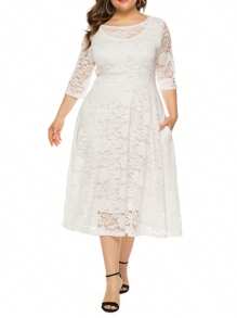 Women's Floral Lace Midi Dress Pockets Half Sleeve Scoop Neck Plus Size Beach Party Evening Flowy Dress - White - View 4