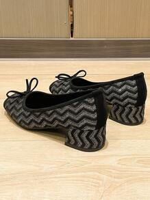 Square Toe, Chunky Heel Women Shoes, Versatile Bow-Knot Flats, Fashion Slip-On Shoes, Black High Heels, Size Run Large