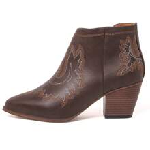 Women's Black Brown Dark Grey White Embroidered Western Ankle Cowgirl Boots – Pull-On Block Heel [Size Up Half Size] - 棕色PU - 查看 4